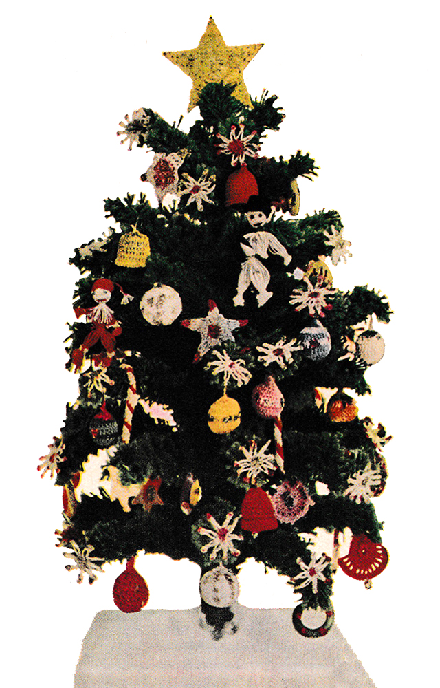 A Christmas tree crocheted from cotton yarn and gold yarn