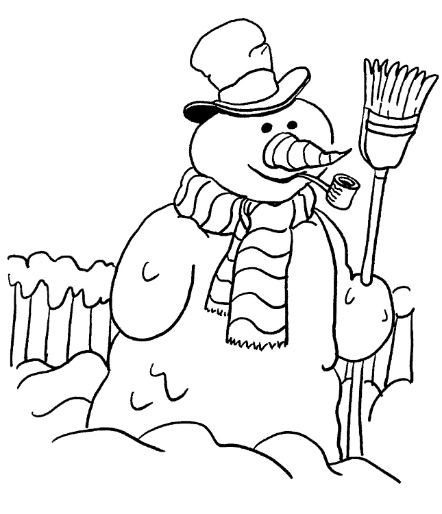 Snowman with Broom Coloring Page | Purple Kitty